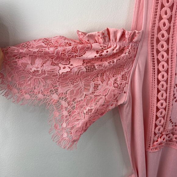 NWT Pinko Pink Short Lace Sleeve Cold Shoulder V-Neck Tie Waist Jumpsuit Sz 8 - Picture 3 of 8